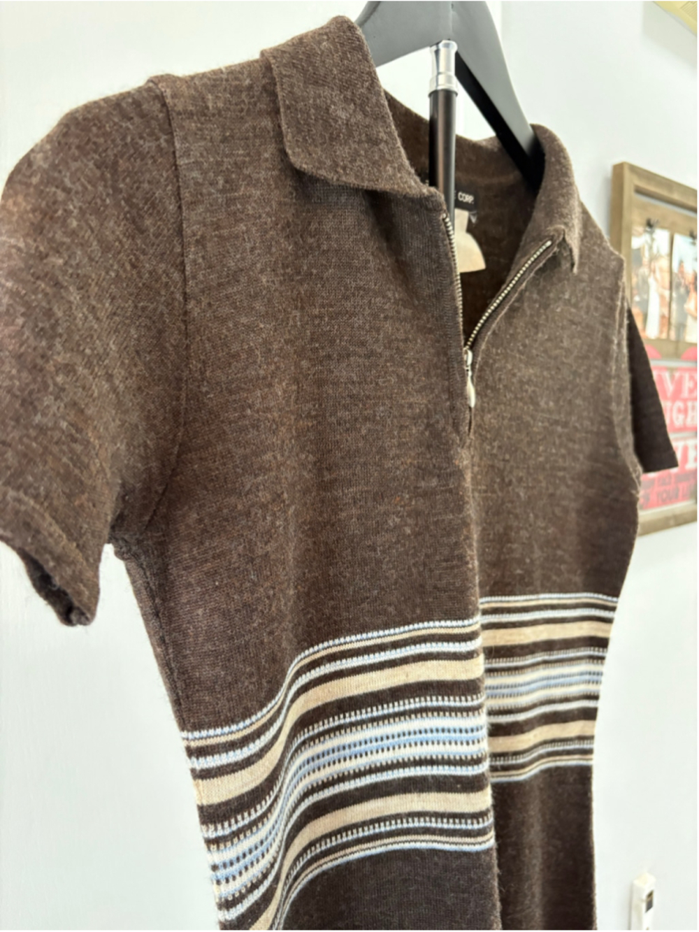 Vintage 90s Esprit de Corp Knit Polo Dress Brown Striped Mini S/M - Picture 3 of 12